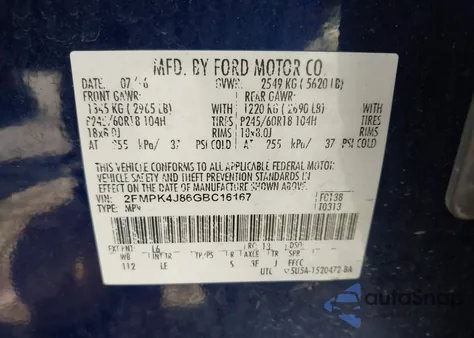 2016 Ford Edge Sel from USA, damaged, VIN 2FMPK4J86GBC16167